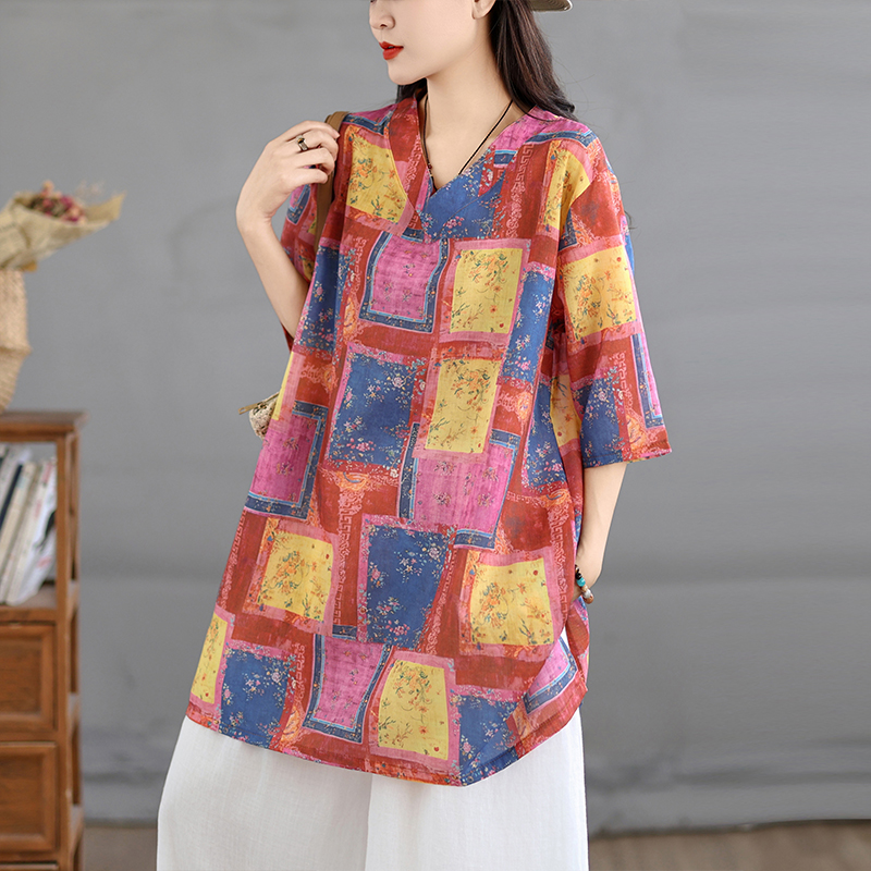 Casual Loose Linen Shirt Dress - Casual Cotton Linen Print Retro Shirt