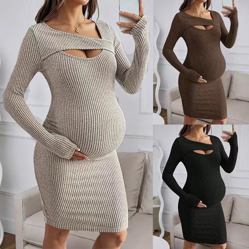 Bodycon Long Sleeve Ribbed Dress - Maternity Clothes Long-sleeved Ribbed Dress for