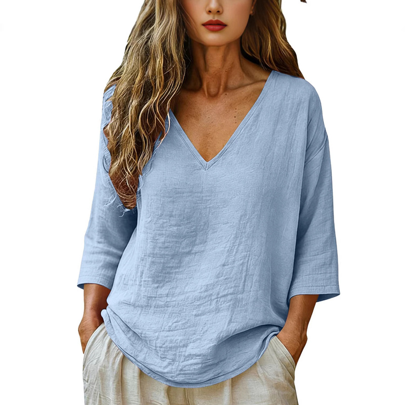Blouses - Women V Neck Seven Quarter Sleeve