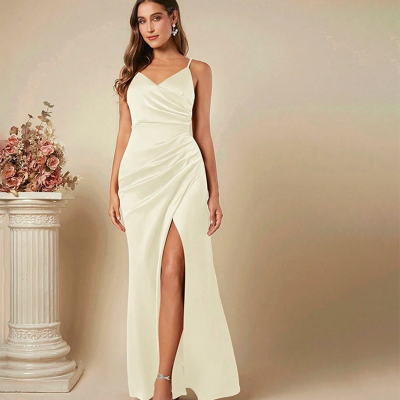 Women Elegant Satin Suspender  - Elegant Satin Evening Gown Split review and price