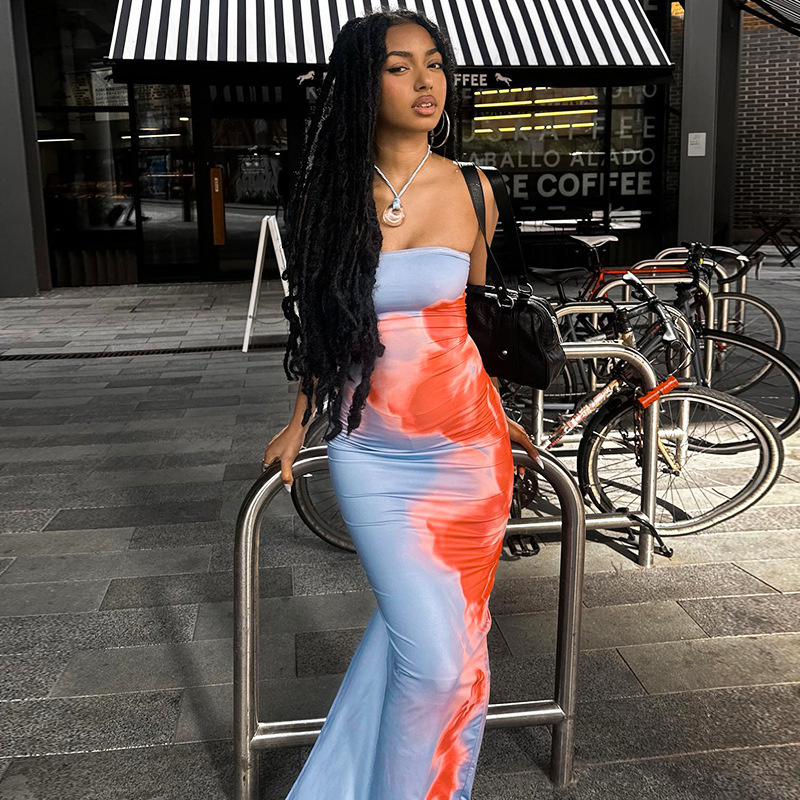 Sexy Strapless Print Tube Maxi - French Vintage Floral Midi Dress review and price
