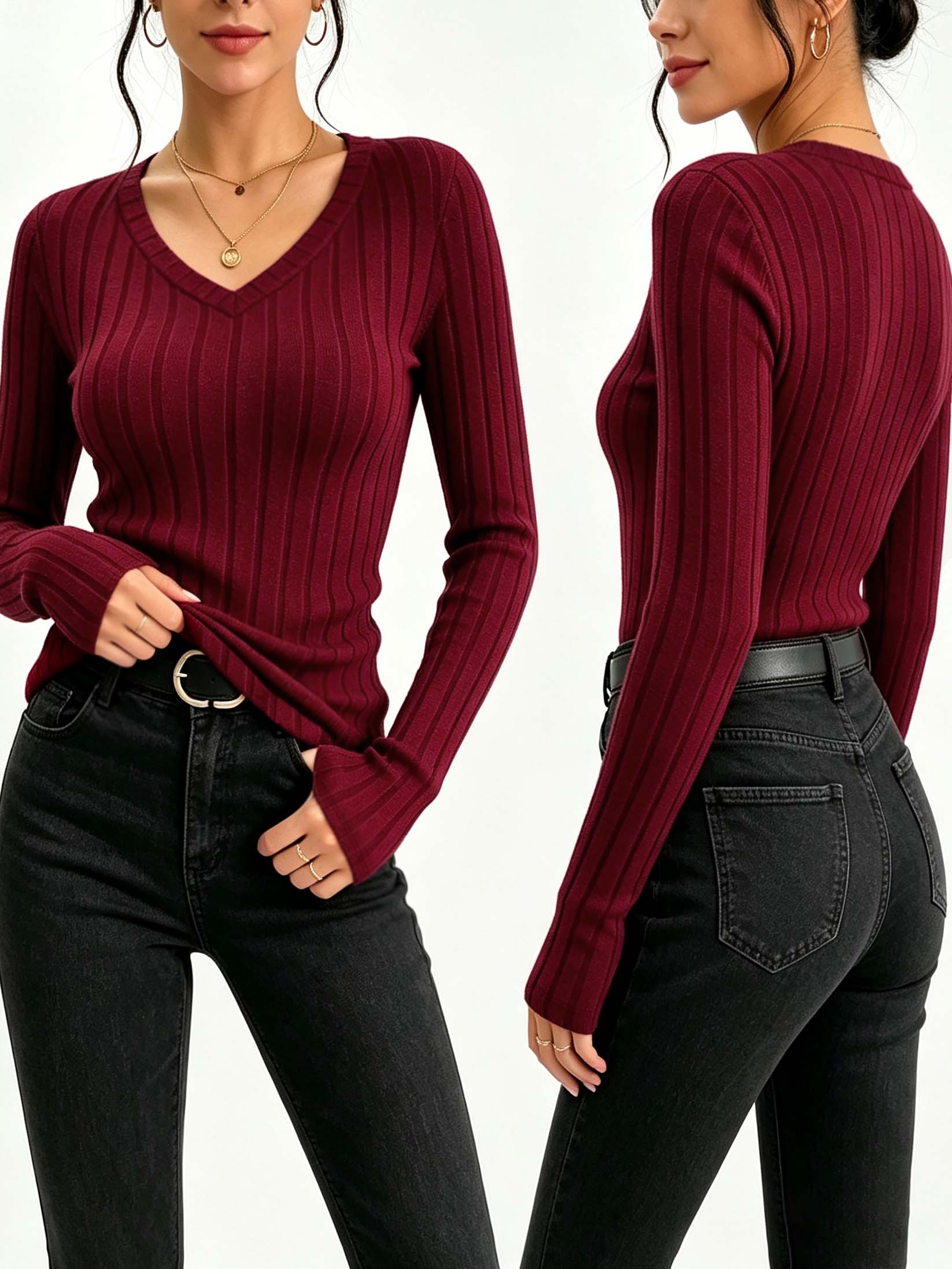 Women Solid V‑Neck Ribbed Knit - Blouses review and price
