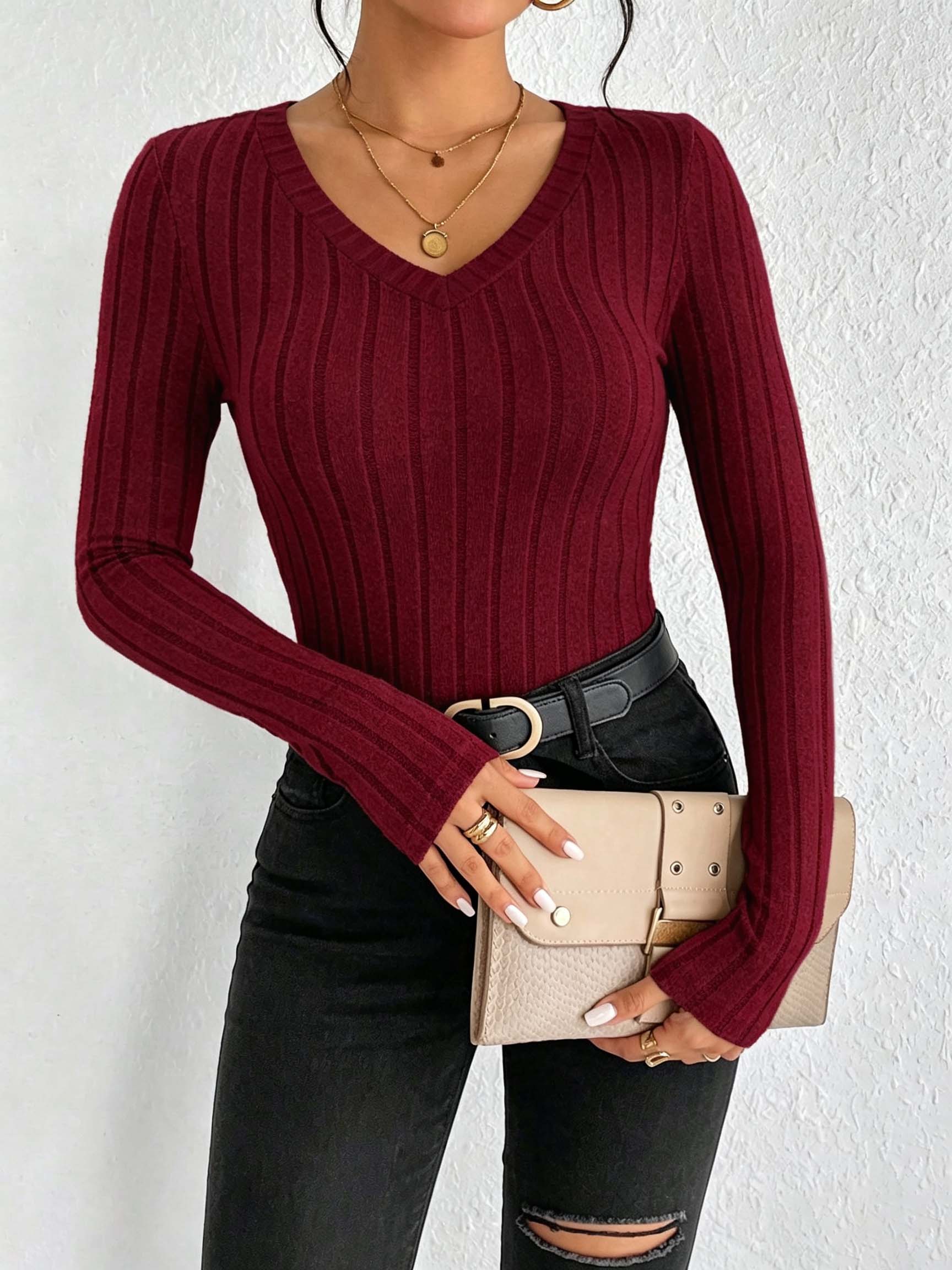 Women Solid V‑Neck Ribbed Knit - Blouses review and price