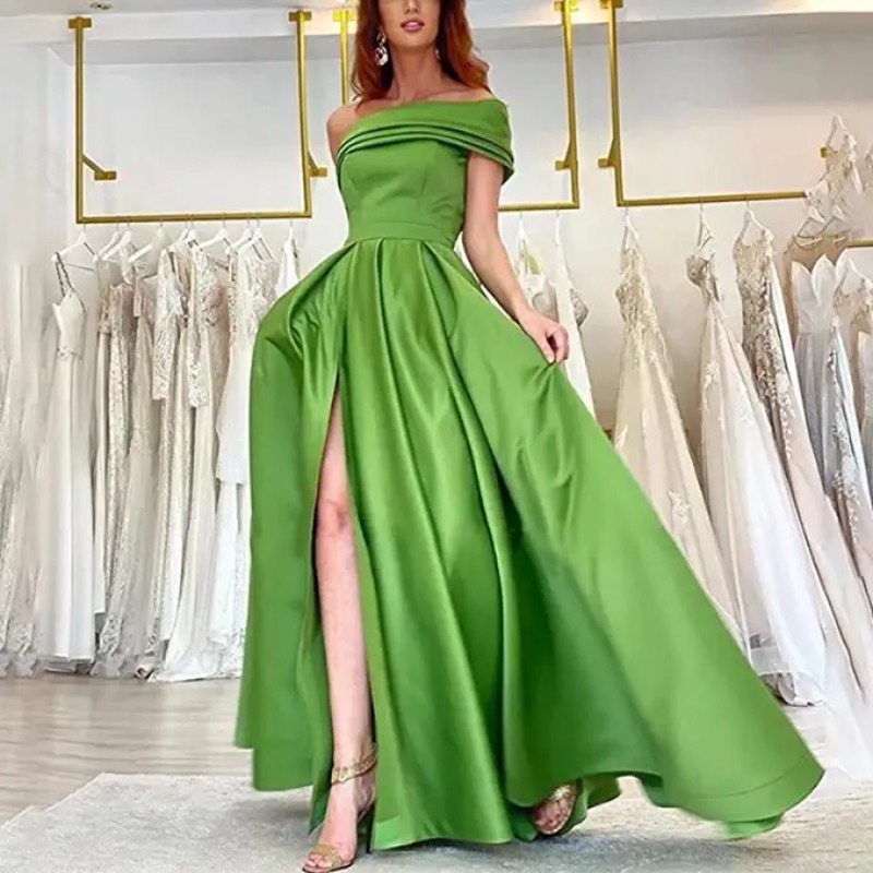 Elegant Off Shoulder Satin Eve - Elegant Satin Evening Gown Split review and price
