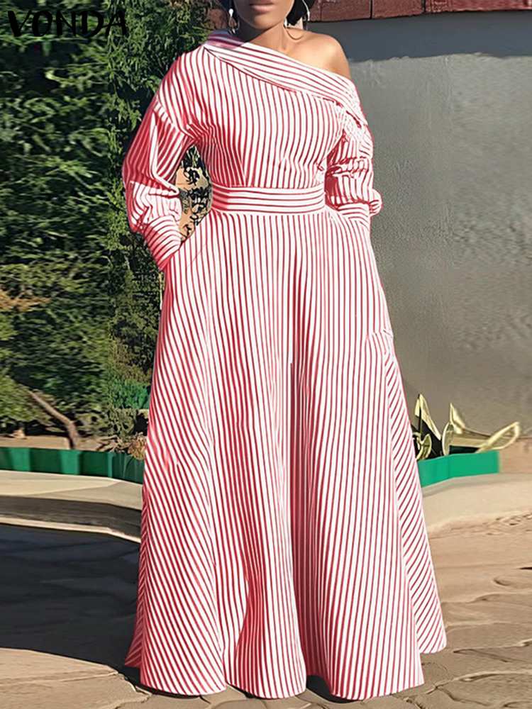 VONDA 2024 Women Elegant Strip - Off Shoulder Puff Sleeve Sundress review and price