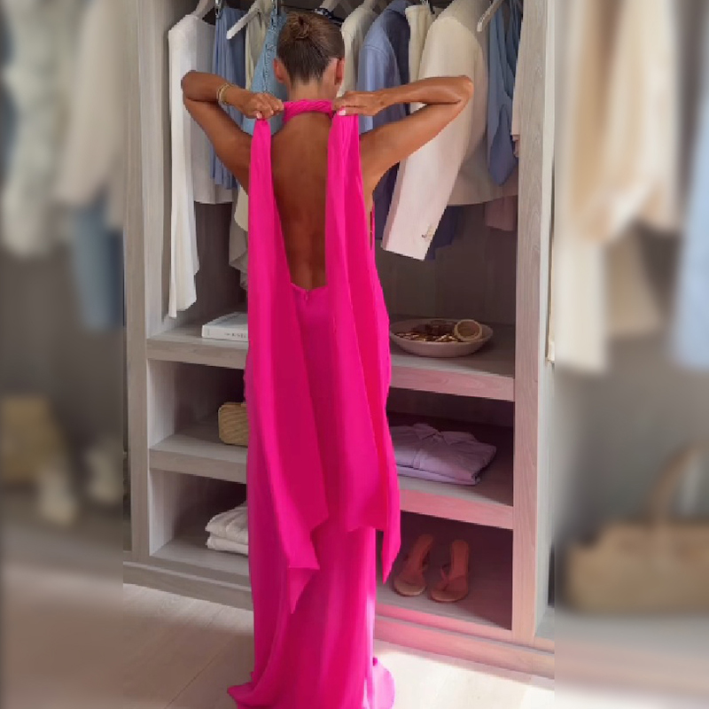 Women Halter Satin Maxi Dress  - Elegant Satin Evening Gown Split review and price