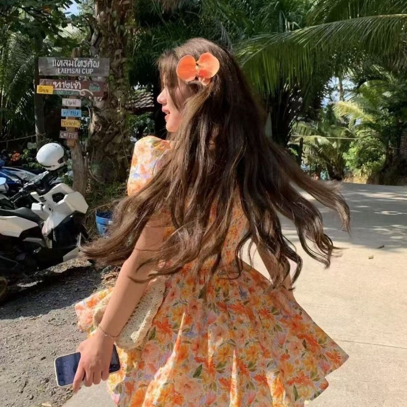 2026 new Orange Floral Print O - Off Shoulder Puff Sleeve Sundress review and price