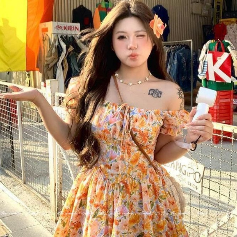 2026 new Orange Floral Print O - Off Shoulder Puff Sleeve Sundress review and price