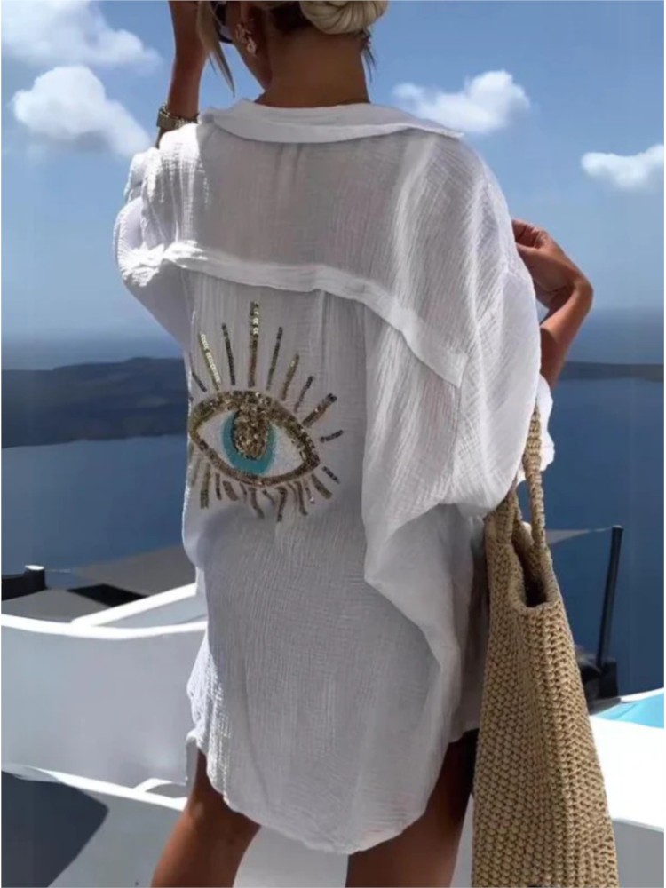 Summer Casual Sequin Eye Shirt - Casual Loose Linen Shirt Dress review and price