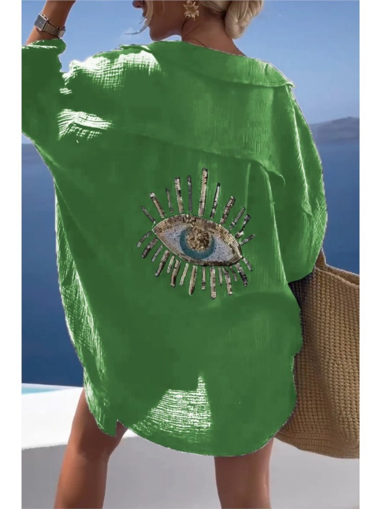 Summer Casual Sequin Eye Shirt - Casual Loose Linen Shirt Dress review and price