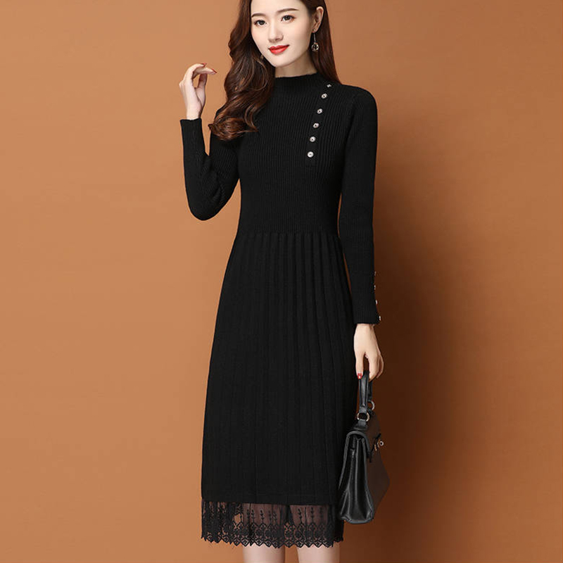 Lace Hem Buttons Women Autumn  - Bodycon Long Sleeve Ribbed Dress review and price