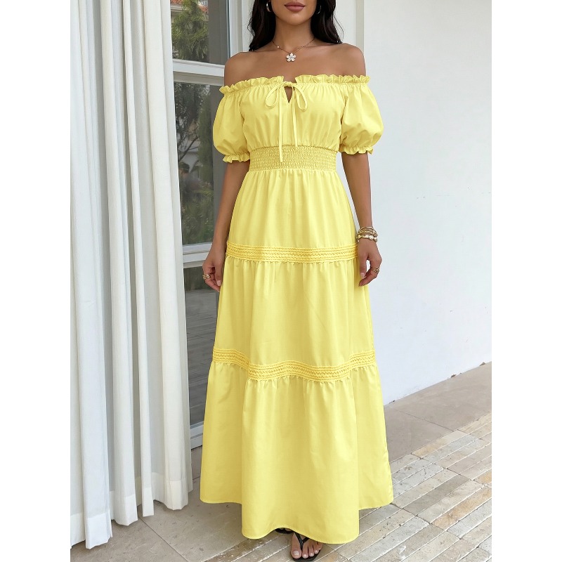 Summer Bohemian Women Yellow O - Off Shoulder Puff Sleeve Sundress review and price