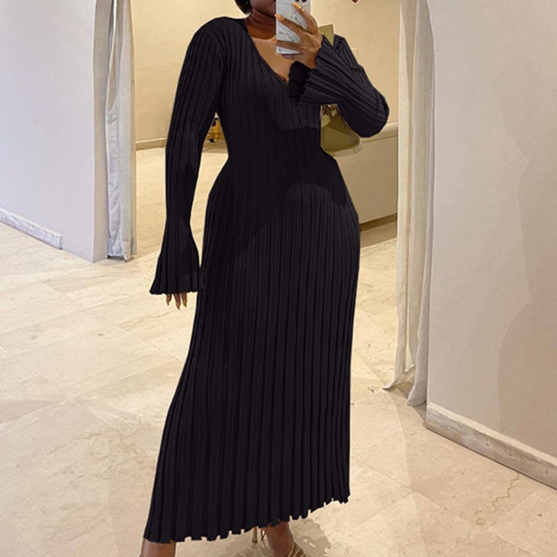 Woman's Autumn V-Neck Knit Ski - Bodycon Long Sleeve Ribbed Dress review and price