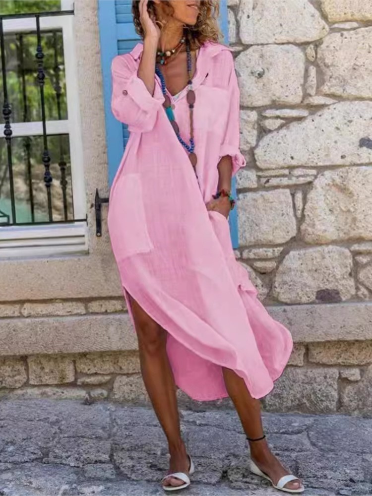 White Women's Shirt Dress Soli - Casual Loose Linen Shirt Dress review and price