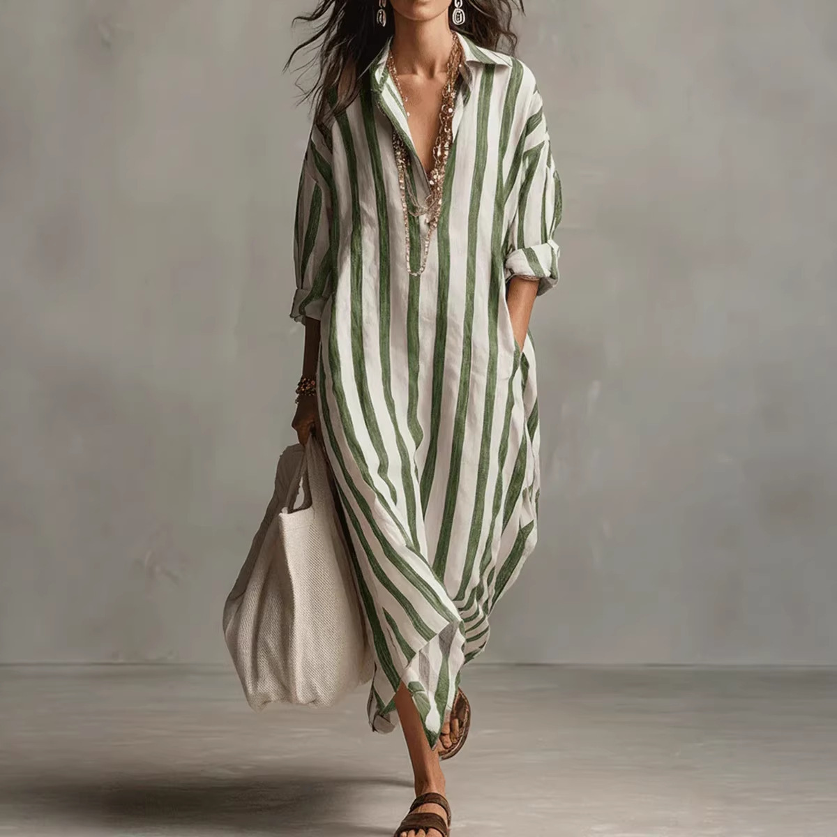 Summer Elegant Turn Down Colla - Casual Loose Linen Shirt Dress review and price