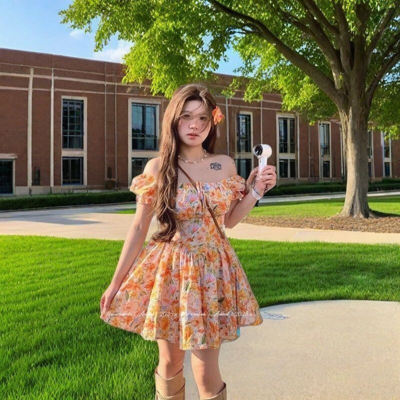 Hotsale Orange Floral Print Of - Off Shoulder Puff Sleeve Sundress review and price