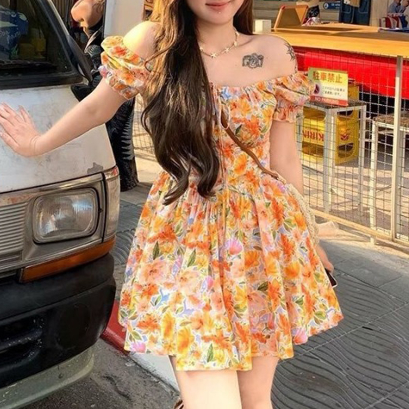 Hotsale Orange Floral Print Of - Off Shoulder Puff Sleeve Sundress review and price